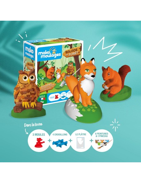 Mako Moulages - Bosdieren uil eekhoorn vos 3 mallen set voor sneldrogend gips - pakket M