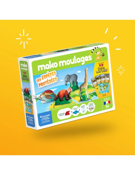Mako Moulages - Bedreigde diersoorten giraf olifant rode panda zeeschildpad 4 mallen voor sneldrogend gips set - pakket L