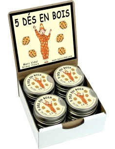 Marc Vidal - 379 - 5 Houten dobbelstenen in metalen blikje