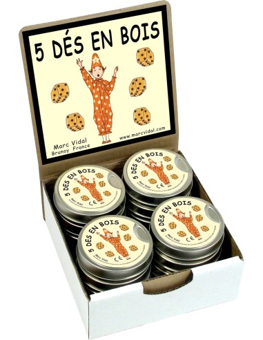 Marc Vidal - 379 - 5 Houten dobbelstenen in metalen blikje