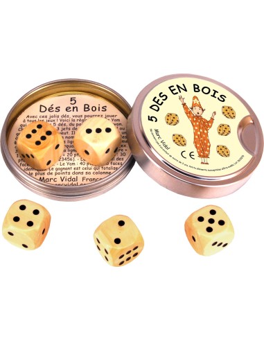 Marc Vidal - 379 - 5 Houten dobbelstenen in metalen blikje