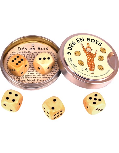 Marc Vidal - 379 - 5 Houten dobbelstenen in metalen blikje