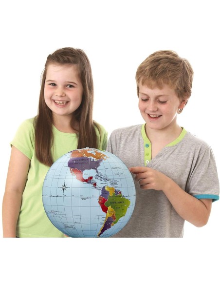 Brainstorm Toys opblaasbare wereldbol van 30 cm – Politieke globe met lengte- en breedtegraden