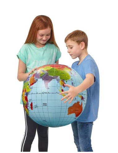 Brainstorm Toys megagrote opblaasbare wereldbol van 50 cm – Politieke globe met lengte- en breedtegraden