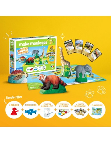 Mako Moulages - Bedreigde diersoorten giraf olifant rode panda zeeschildpad 4 mallen voor sneldrogend gips set - pakket L